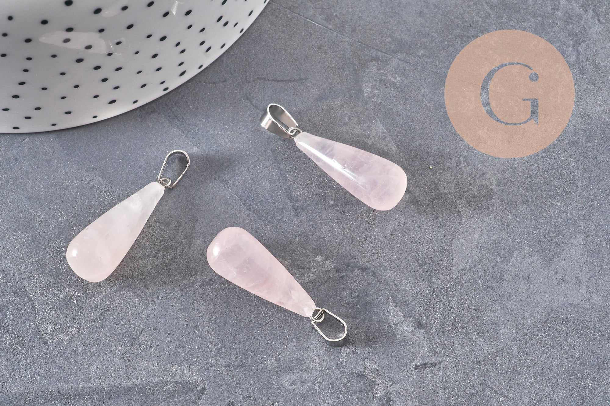 Pendentif goutte quartz rose naturel acier inoxydable platine 28mm, x1 (G11118)