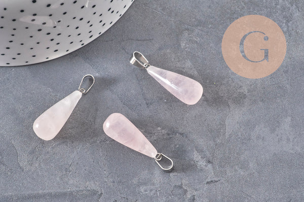 Pendentif goutte quartz rose naturel acier inoxydable platine 28mm, x1 (G11118)