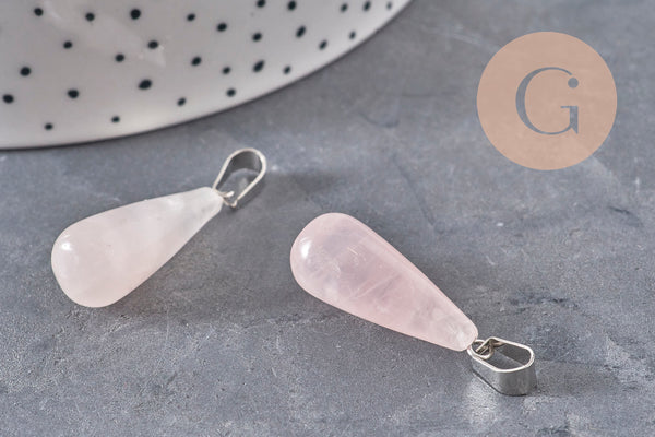 Pendentif goutte quartz rose naturel acier inoxydable platine 28mm, x1 (G11118)