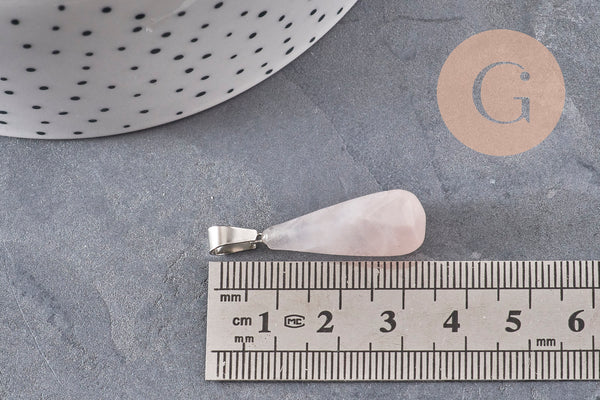 Pendentif goutte quartz rose naturel acier inoxydable platine 28mm, x1 (G11118)