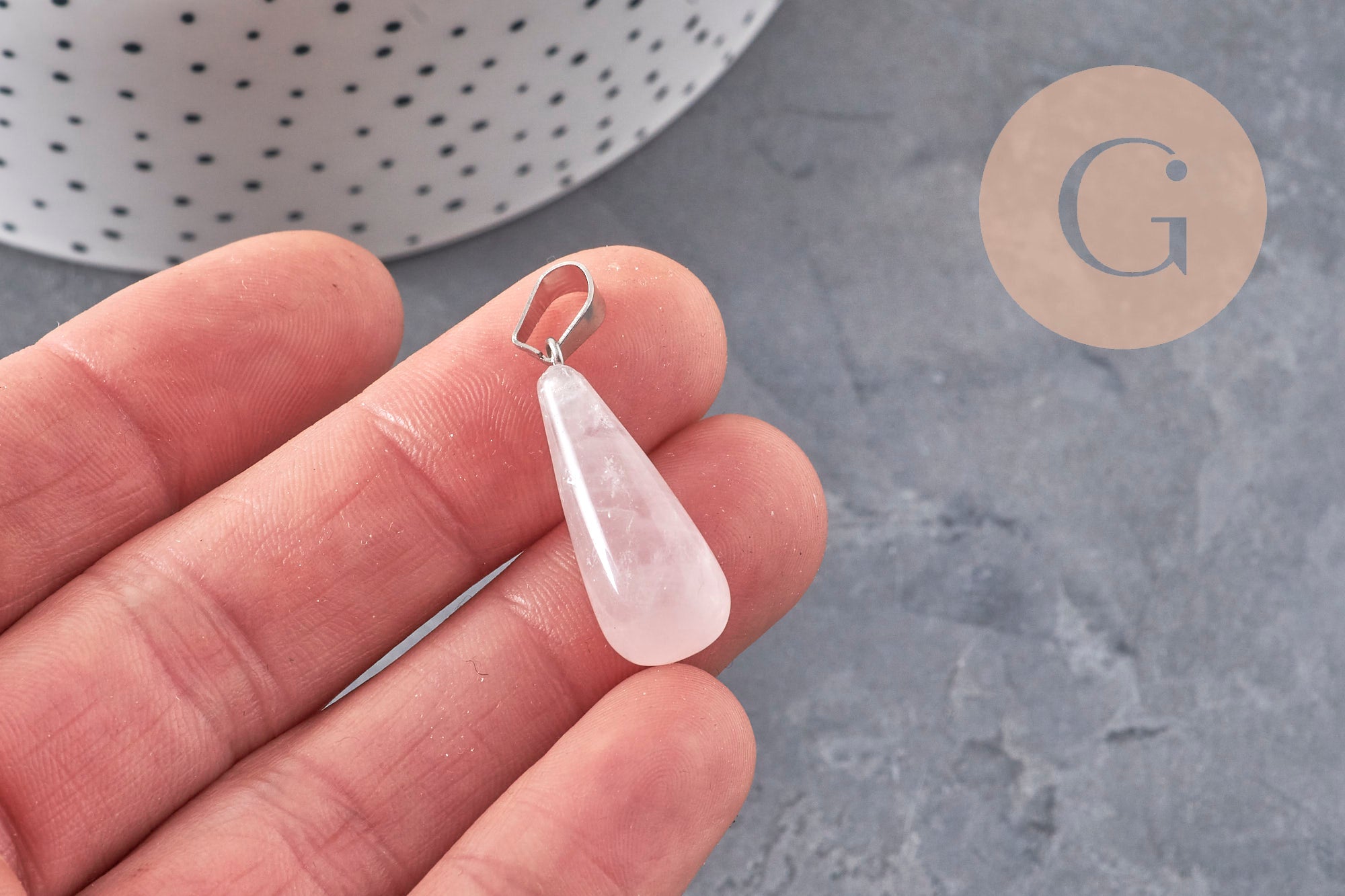 Pendentif goutte quartz rose naturel acier inoxydable platine 28mm, x1 (G11118)