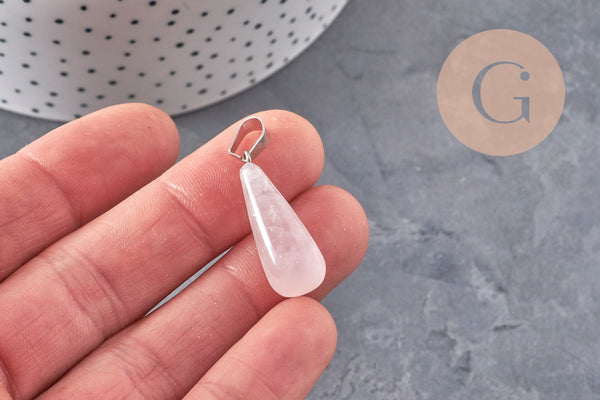 Pendentif goutte quartz rose naturel acier inoxydable platine 28mm, x1 (G11118)