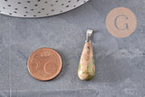 Pendentif goutte unakite vert naturel acier inoxydable platine 28mm, x1 (G11119)