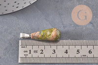 Pendentif goutte unakite vert naturel acier inoxydable platine 28mm, x1 (G11119)