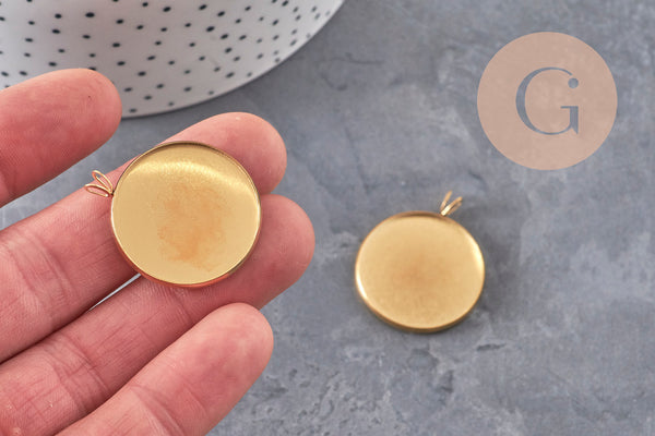 Pendentif rond support pour cabochon 25mm acier inoxydable doré IP, x1 (G11125)