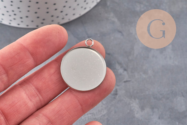 Pendentifs Supports cabochons ronds acier 304 inoxydable platine 25mm, x5 (G11126)