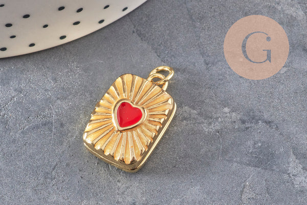 Pendentif locket rectangle cœur porte-photo laiton doré 18K émaillé 26mm, x1 (G11146)