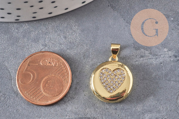Pendentif locket rond laiton doré 18K coeur zircons 23mm, x1 (G11137)