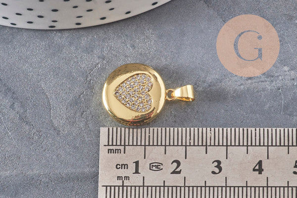 Pendentif locket rond laiton doré 18K coeur zircons 23mm, x1 (G11137)
