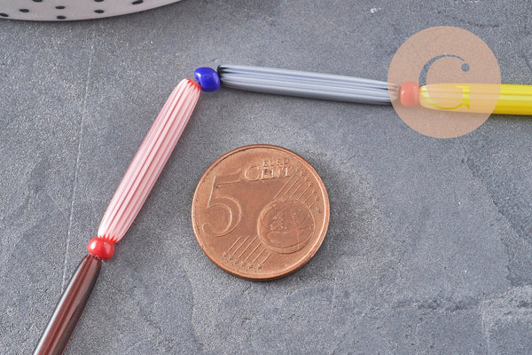 Perles tube verre millefiori artisanal 28mm, x1 fil de 40cm (G11114)