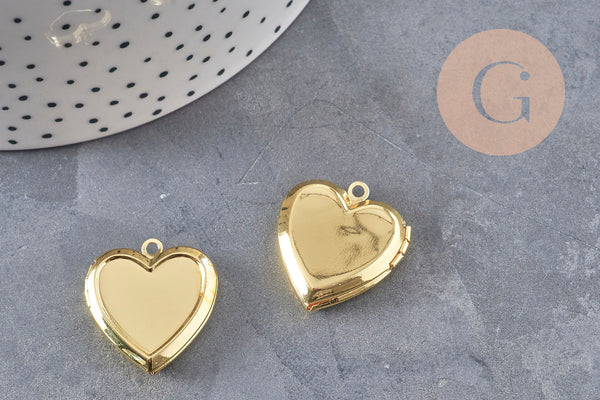 Pendentif locket coeur acier 304 inoxydable doré 25mm, x1 (G11140)