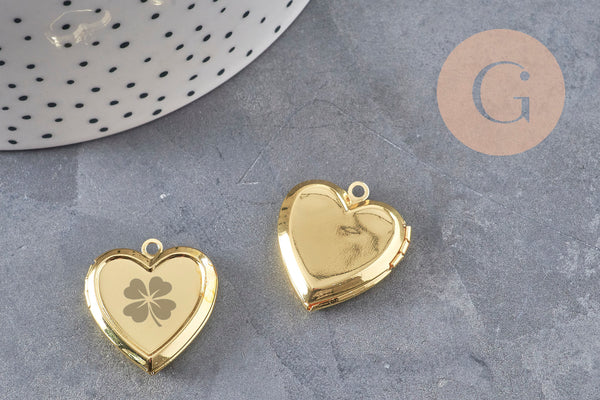Pendentif locket coeur acier 304 inoxydable doré 25mm, x1 (G11140)