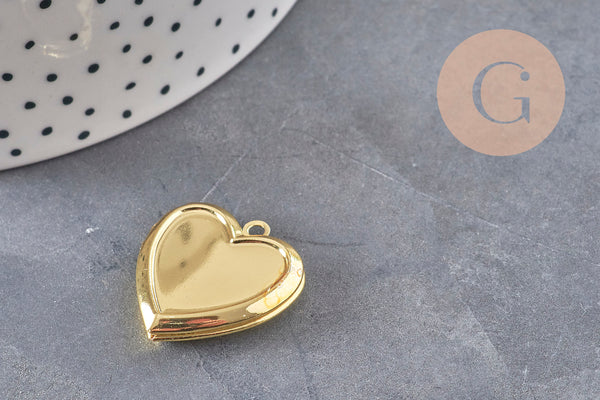 Pendentif locket coeur acier 304 inoxydable doré 25mm, x1 (G11140)