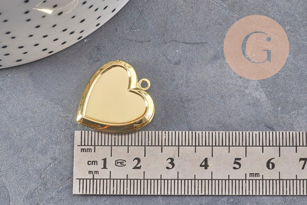 Pendentif locket coeur acier 304 inoxydable doré 25mm, x1 (G11140)