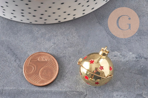 Pendentif locket boule laiton doré 18K étoiles 25mm, x1 (G11147)