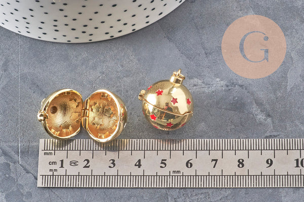 Pendentif locket boule laiton doré 18K étoiles 25mm, x1 (G11147)