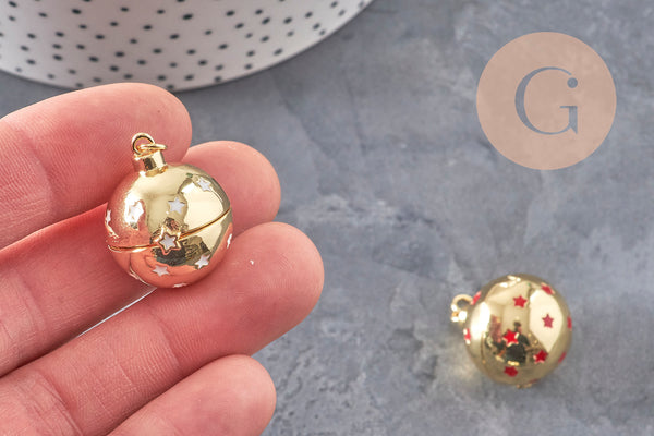 Pendentif locket boule laiton doré 18K étoiles 25mm, x1 (G11147)