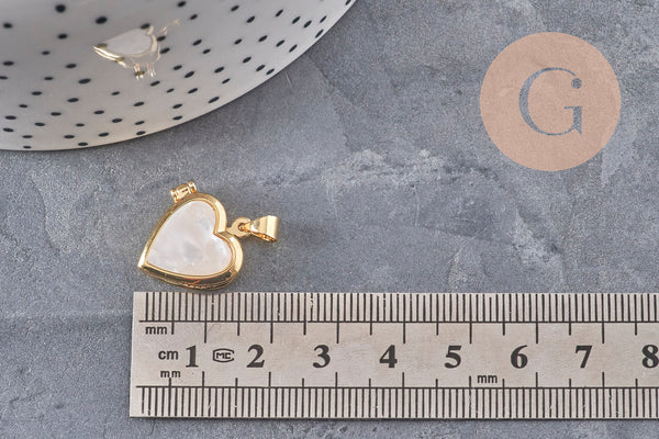 Pendentif locket rond laiton doré 18K coeur nacre naturelle 18.5mm, x1 (G11136)