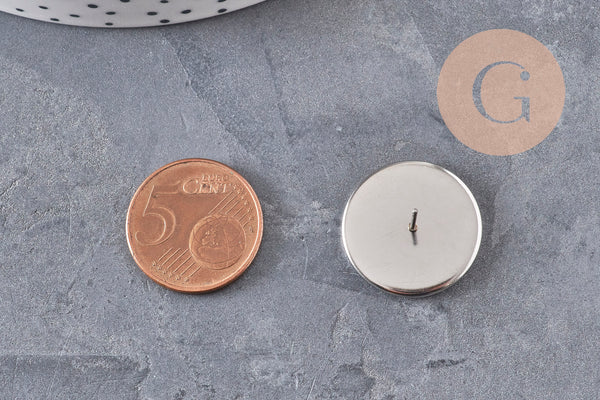 Clous-puces oreille support cabochon rond 10mm acier 304 inoxydable platine, x2 (G11130)