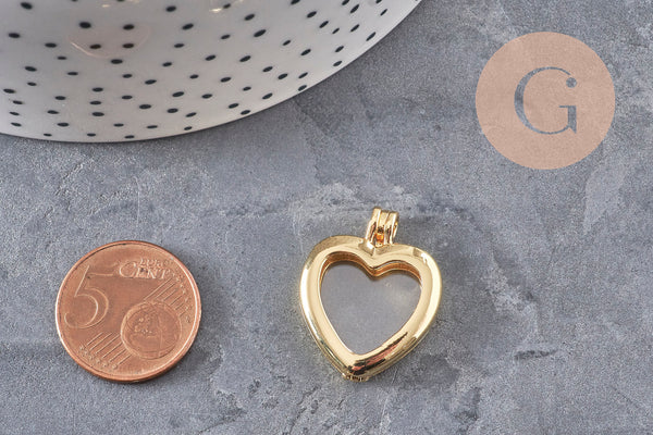 Pendentif locket cœur vitrine laiton doré 16K 26mm (G11141)