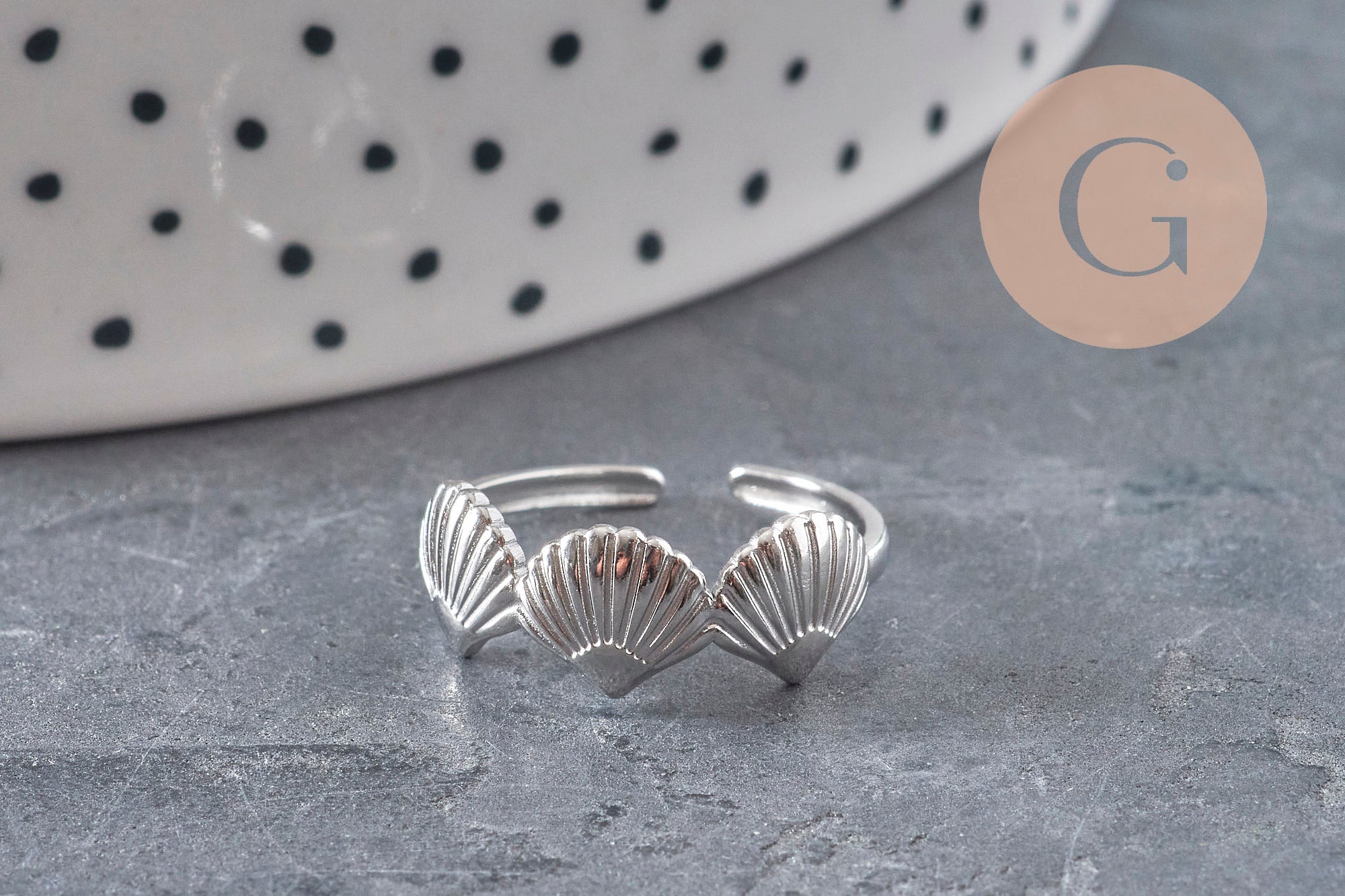 Bague réglable coquillages acier platine 304 inoxydable, x1 (G11151) VALIDE