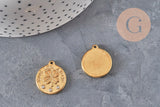 Pendentif médaille trèfle 4 feuilles acier doré zircons 20mm, x1 (G11275)