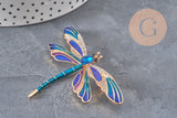 Broche pin's Libellule insecte ailé zamac doré bleu 74x50mm, x1 (G11291)