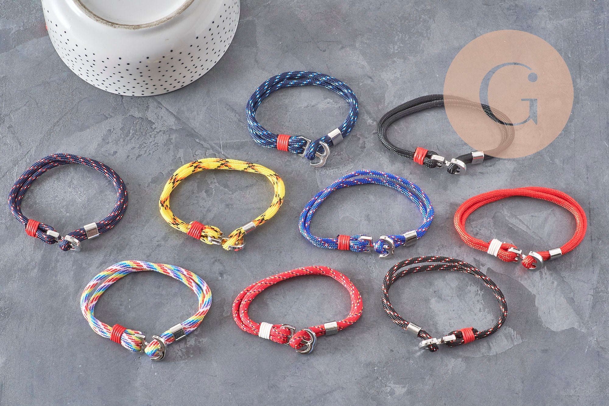 Pulsera ajustable cordón poliéster ancla zamak platino 21.5cm, x1 VÁLIDO