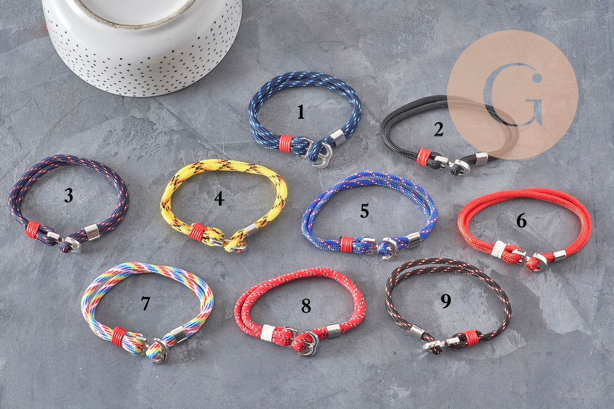 Pulsera ajustable cordón poliéster ancla zamak platino 21.5cm, x1 VÁLIDO