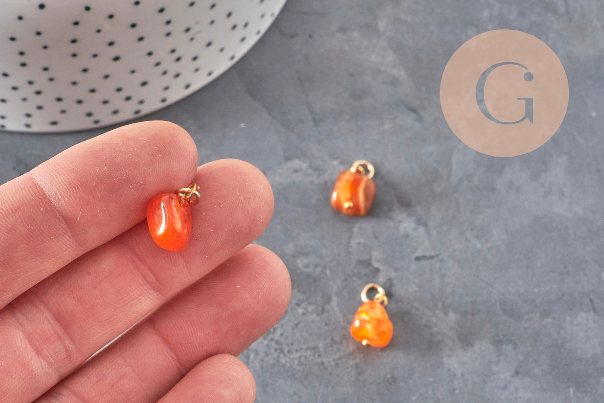 Breloque cube agate naturelle orange métal doré 18K 14.5mm, x1 (G11329)
