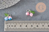 Breloque fruit cerise jade persan naturel teinté acier inoxydable platine 14mm, x1 (G11379)