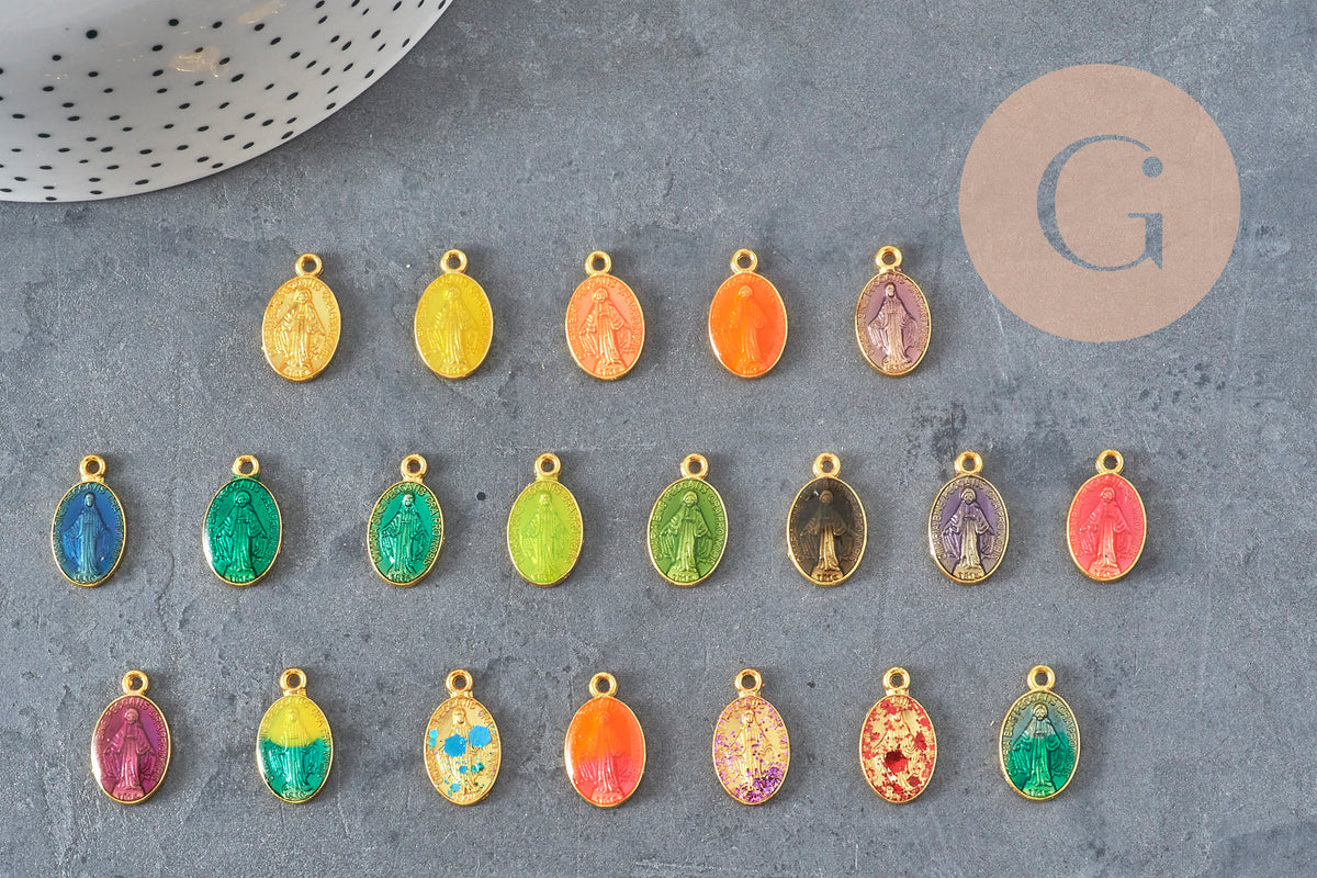 Colgante medalla Virgen María ovalada zamac oro esmaltado 17.5mm x1 o x5 (G8839)