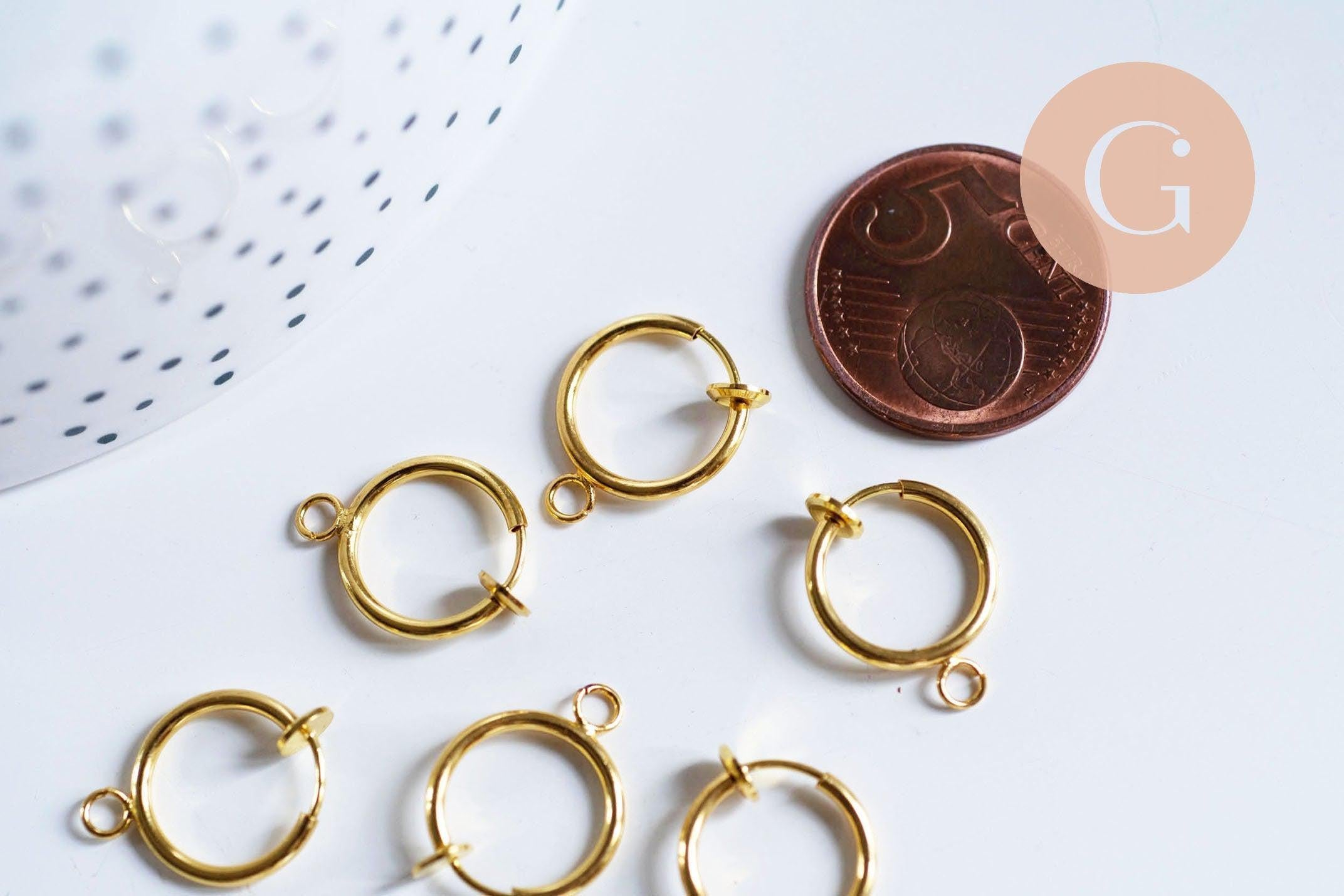 Anneaux créoles acier doré 316 oreilles non percées 15.5mm, création boucles la paire (G6390)