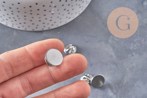 Attache et support pour pin's acier inoxydable platine 14mm, x5 (G10962)