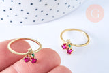 Bague cerise rouge laiton doré 16K gros zircons, x1 (G6574)