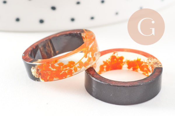 Bague ébène bois résine feuille d'or orange 16mm, x1 (G3287)