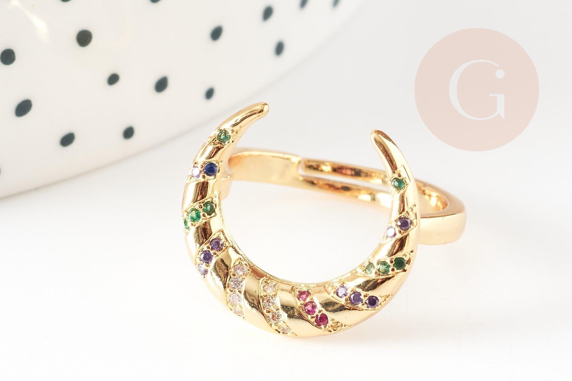 Bague laiton doré lune zircon coloré 16.5mm, x1 (G4246)
