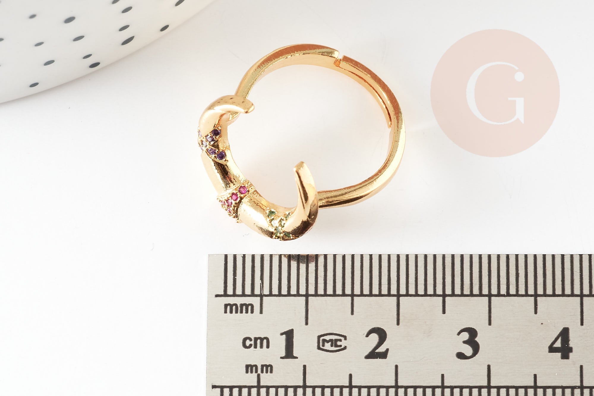 Bague laiton doré lune zircon coloré 16.5mm, x1 (G4252)