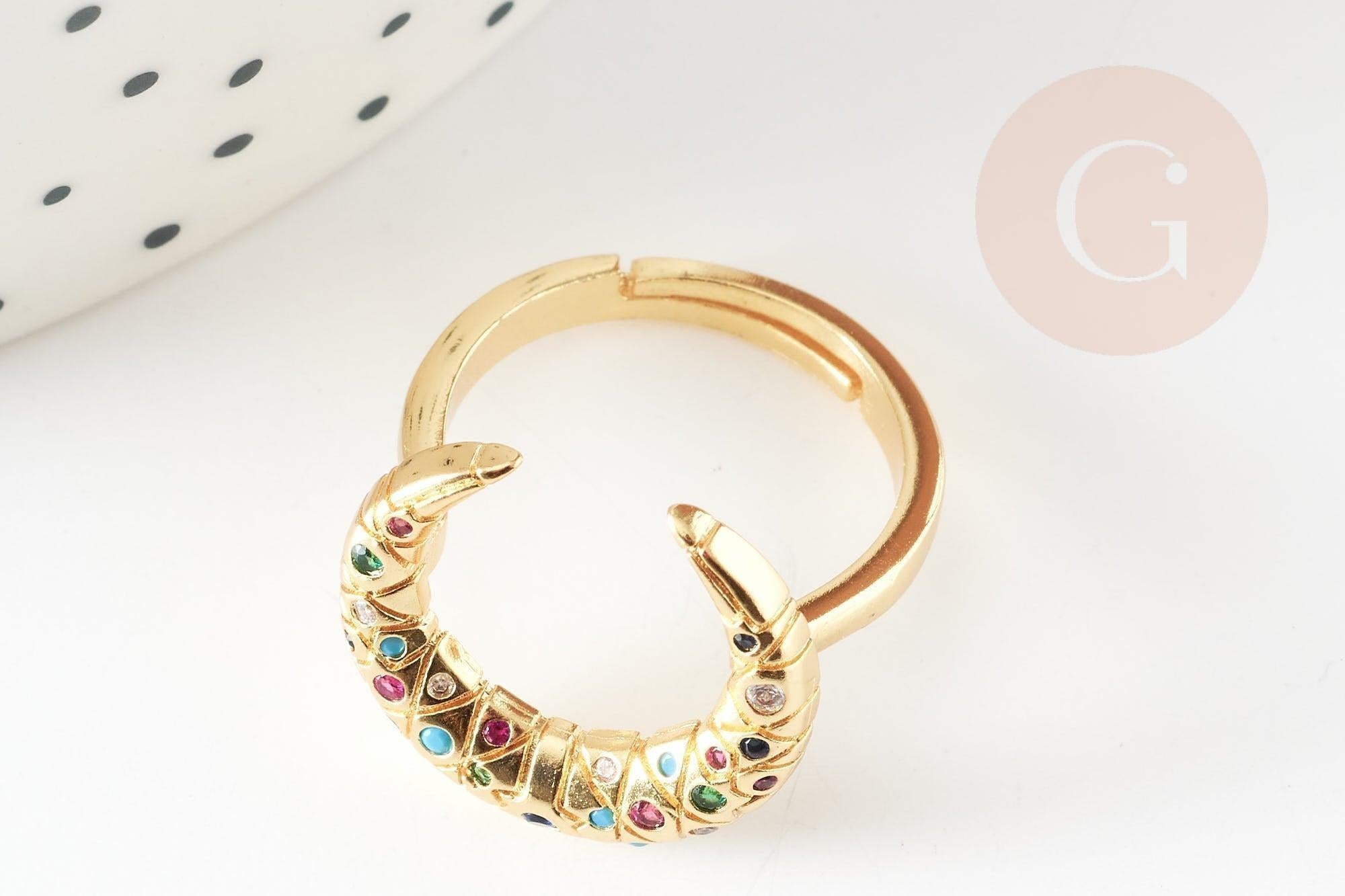 Bague laiton doré lune zircon coloré 17mm, x1 (G4256)