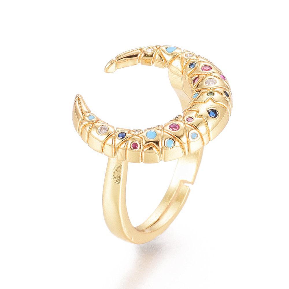 Bague laiton doré lune zircon coloré 17mm, x1 (G4256)