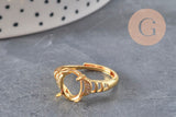 Bague réglable en laiton doré avec support ovale à 4 griffes et zircons blancs pour création de bijoux DIY.
