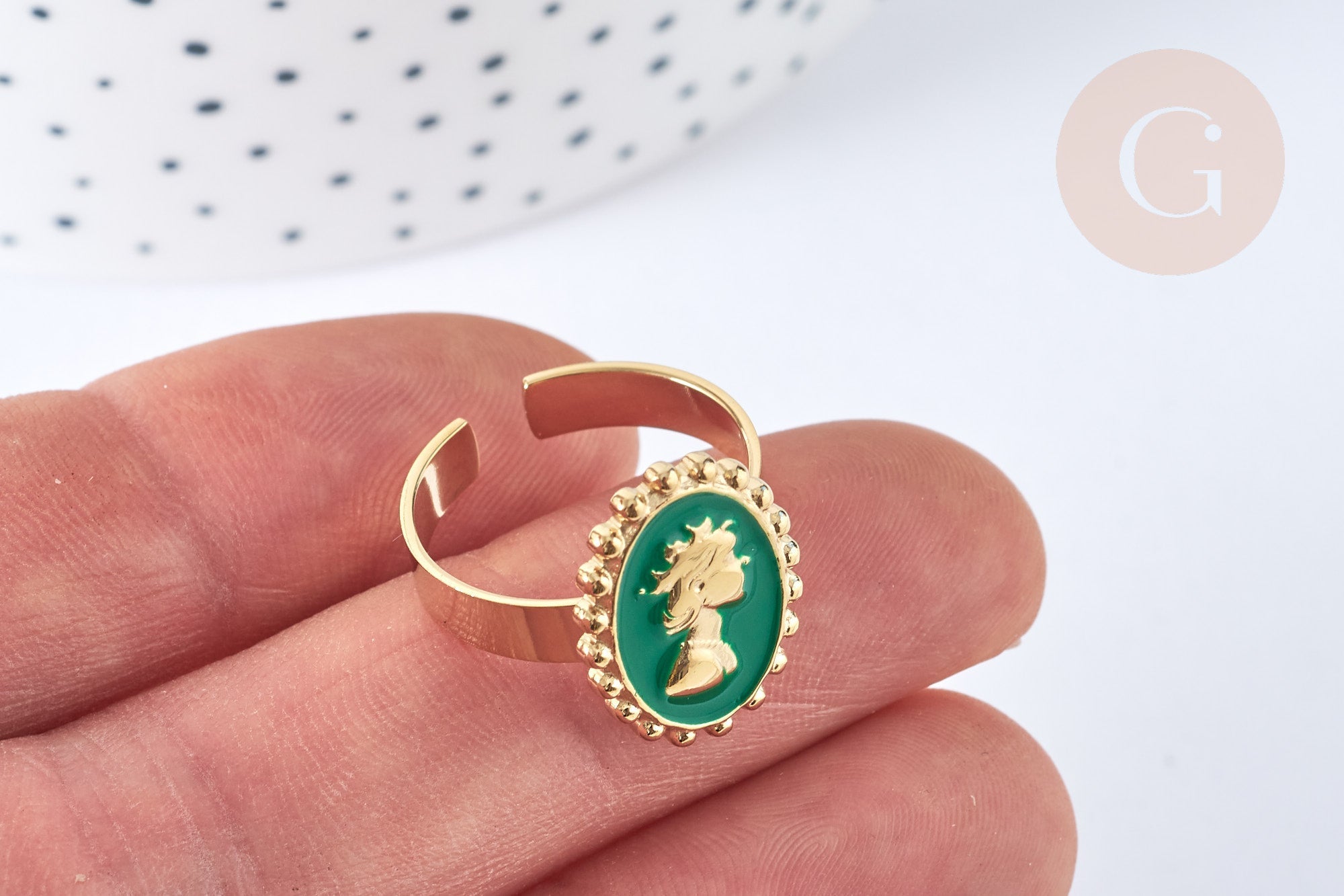 Bague réglable camée acier inoxydable doré émail vert Taille 54, x1 (G7032)