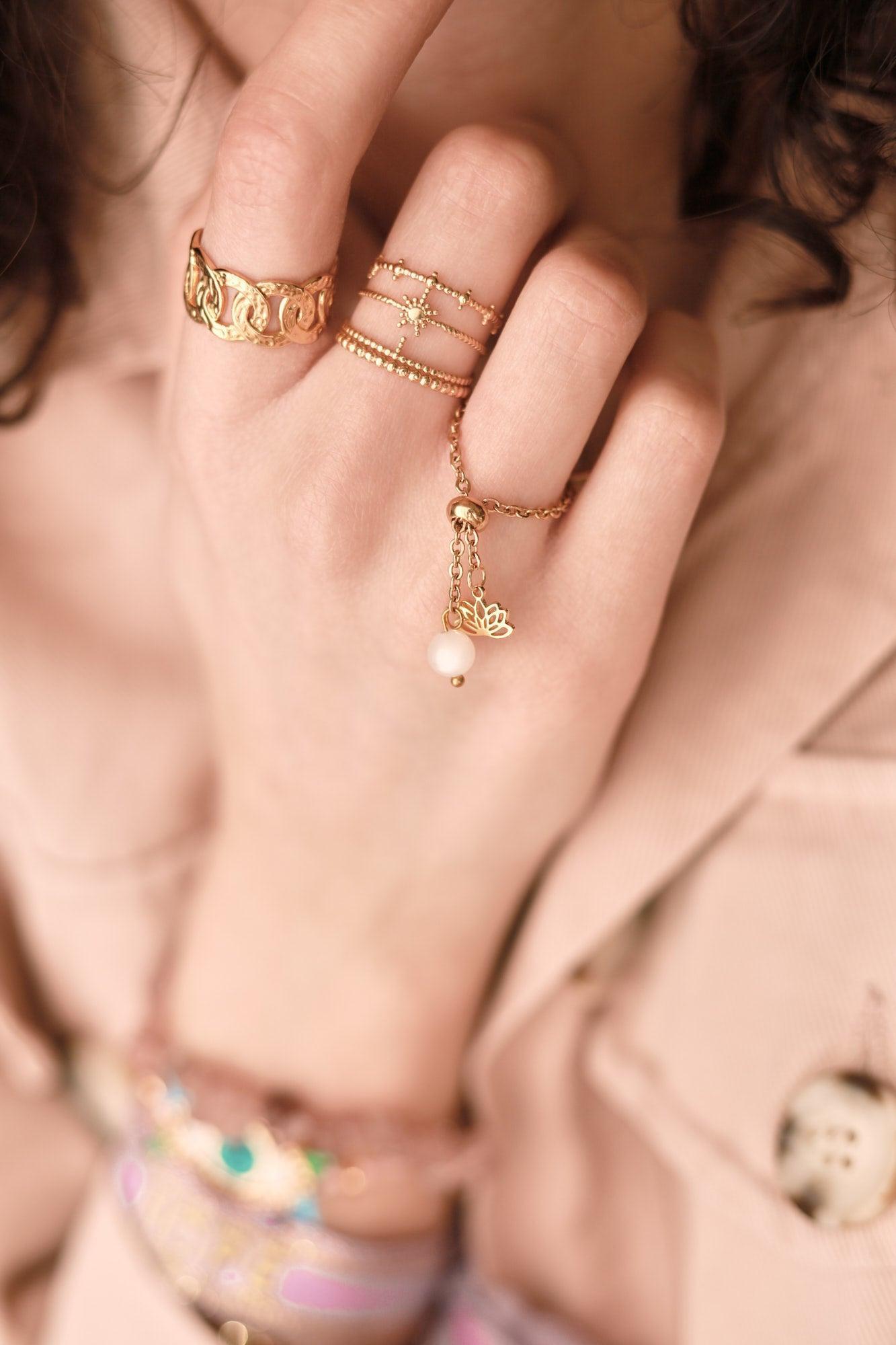 Bague réglable chaine acier lotus & perle 96mm, x1 (G5795)