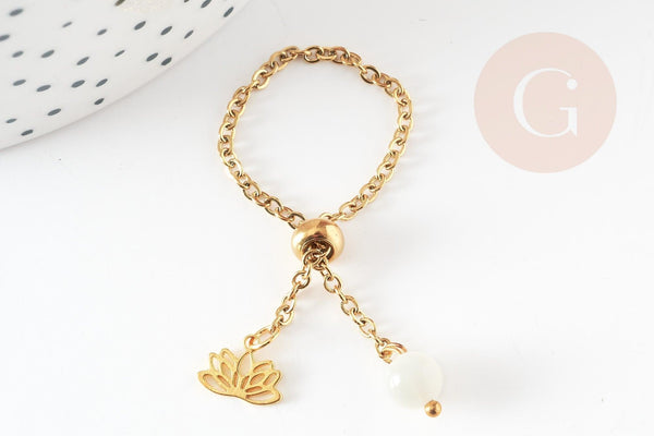Bague réglable chaine acier lotus & perle 96mm, x1 (G5795)
