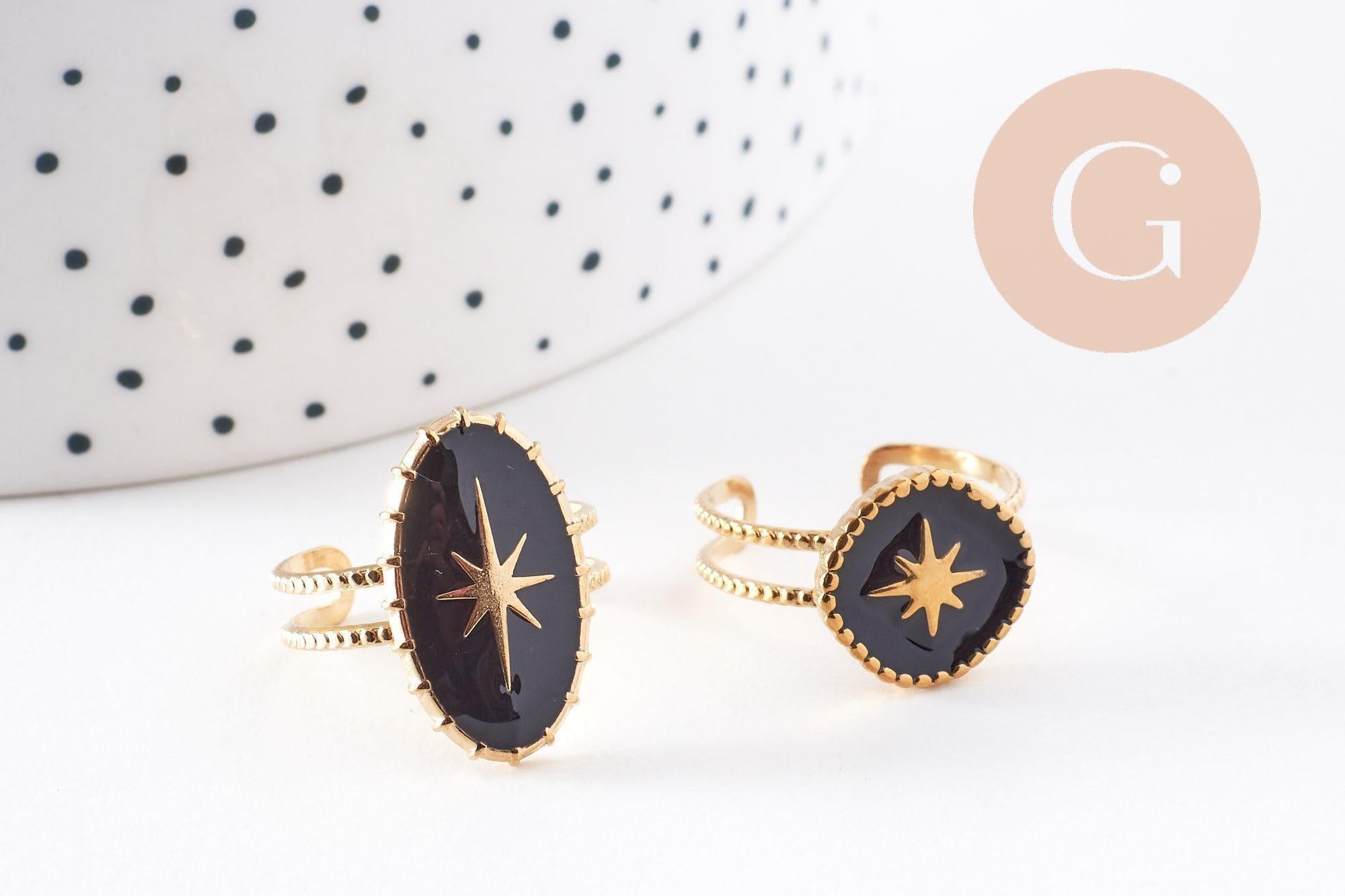 Bague réglable étoile émail noir acier doré Taille 54, x1 (G7641)