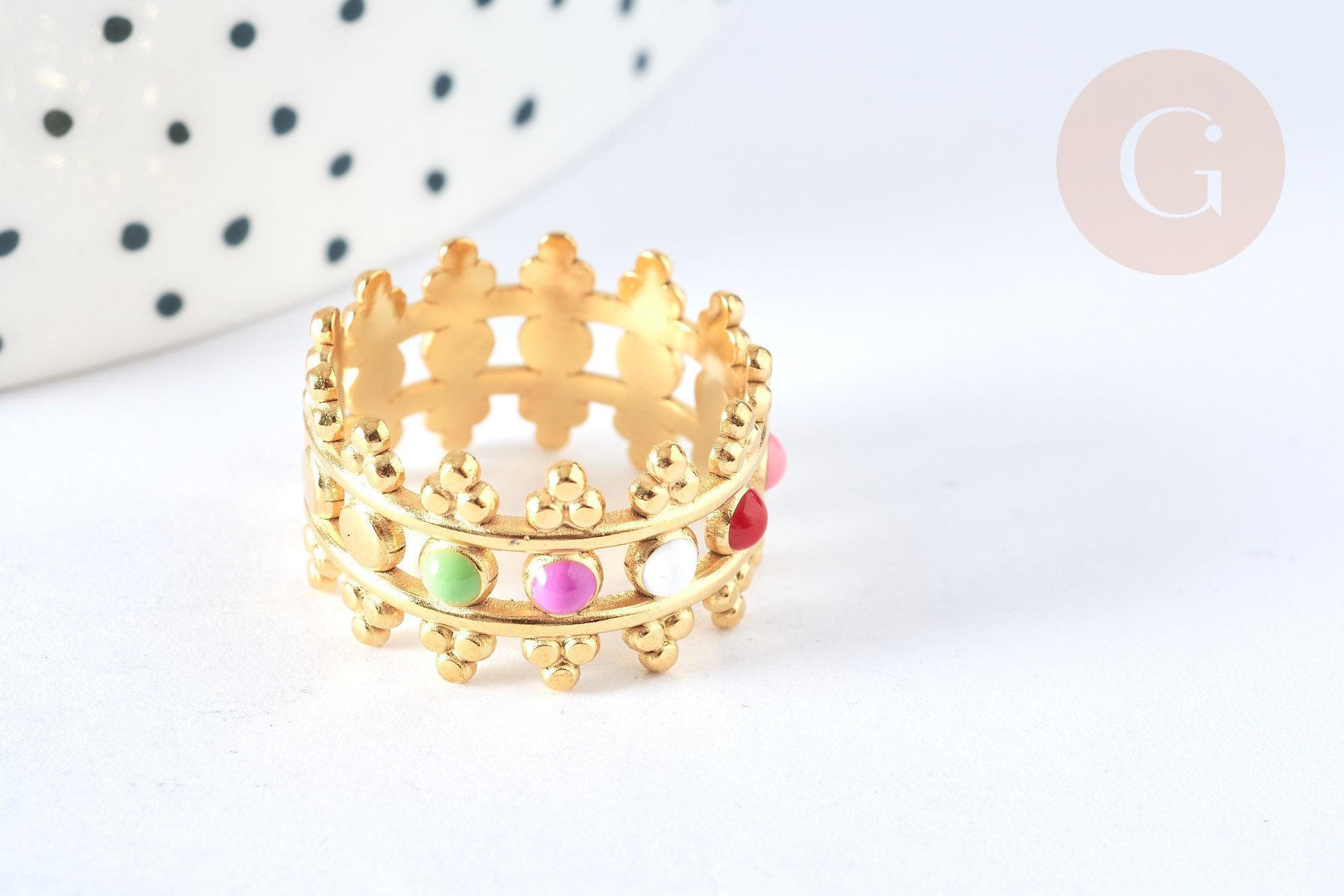 Bague réglable fantaisie acier inoxydable doré émail multicolore Taille 54, x1 (G7006)