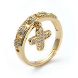 Bague réglable laiton doré breloque croix zircon 17mm, x1 (G4825)