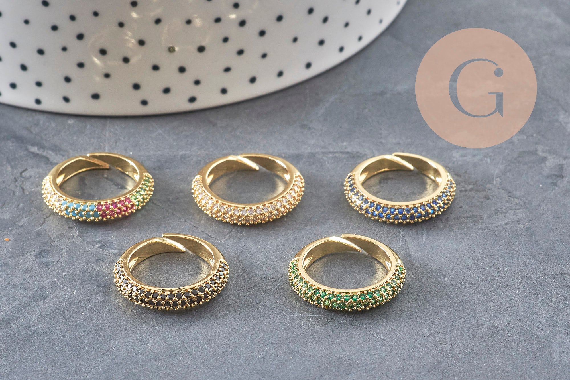Bague réglable laiton doré zircon coloré 16mm, x1 (G4336)