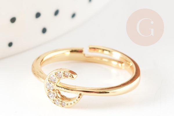 Bague réglable lune laiton doré zircon 17mm, x1 (G4255)