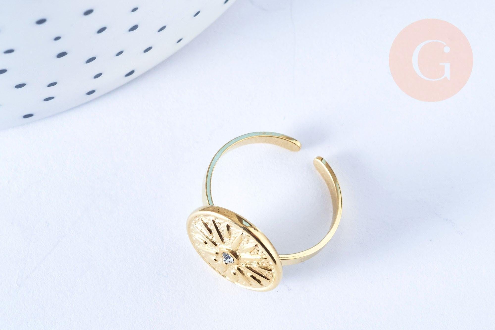 Bague réglable médaille soleil cristal acier doré Taille 54, x1 (G6408)